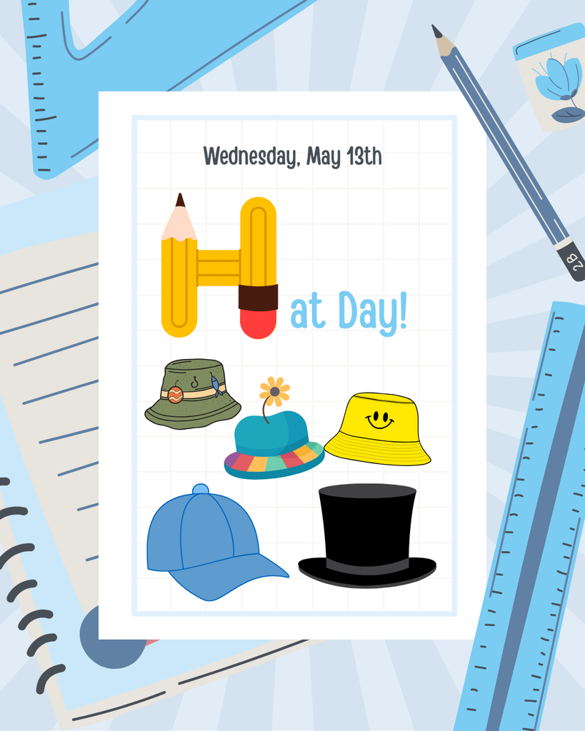 Wednesday, May 13th Hat day, five cartoon pictures of different types of hats