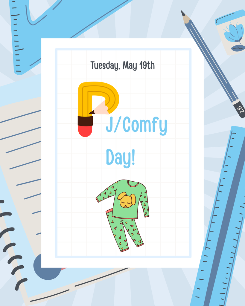 Tuesday, May 19th PJ/Comfy Day, cartoon picture of a pajama set