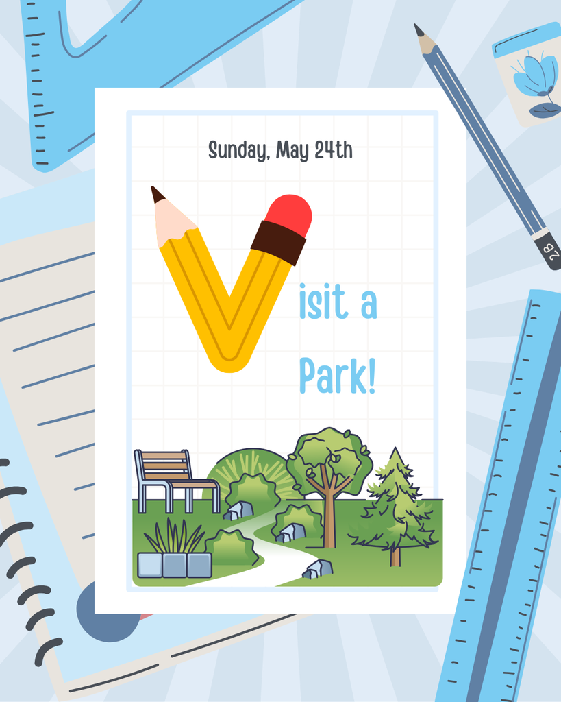 Sunday, May 24th Visit a park, cartoon of an oudoor park with plants, trees, and a bench