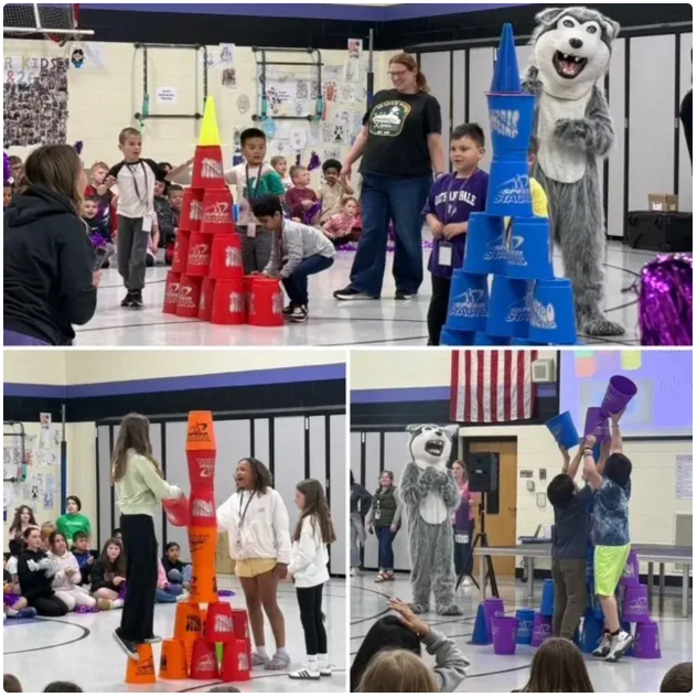 Three images of students stacking giant plastic cubs to make the tallest tower in a school gym.