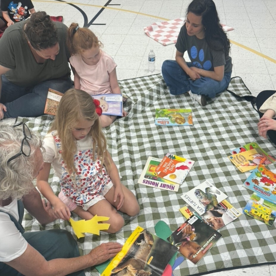 reading books on a picnic blanket