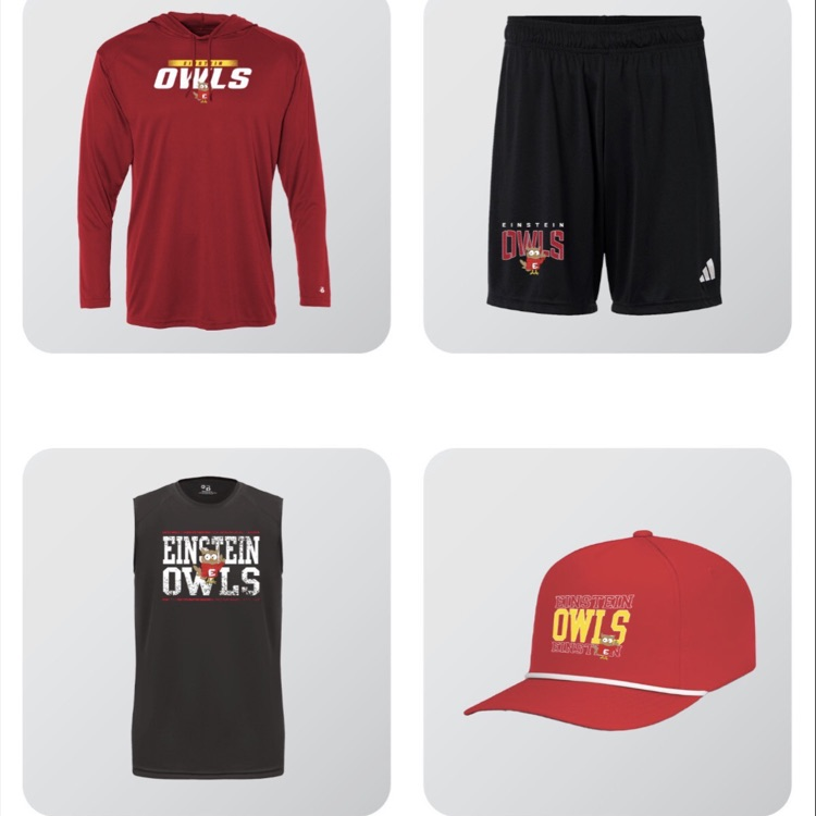 Four spirit wear items: Einstein red sweatshirt, black shorts, blank tank, and red hat