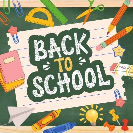 notice with back to school and decorated with school supplies