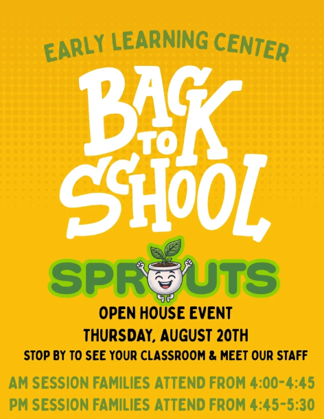Golden background with text for back to school invite.  Includes Sprouts logo of little potted plant guy happy. Open House Thursday, August 20th.