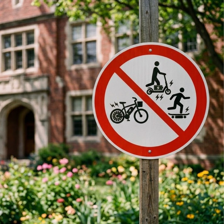 Sign showing no e-bike, e-scooter, or e-skateboard