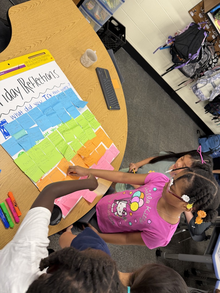 Students adding sticky notes to a poster