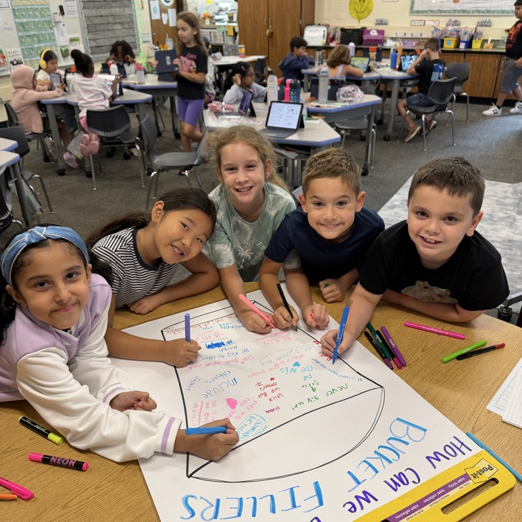 students writing on a poster