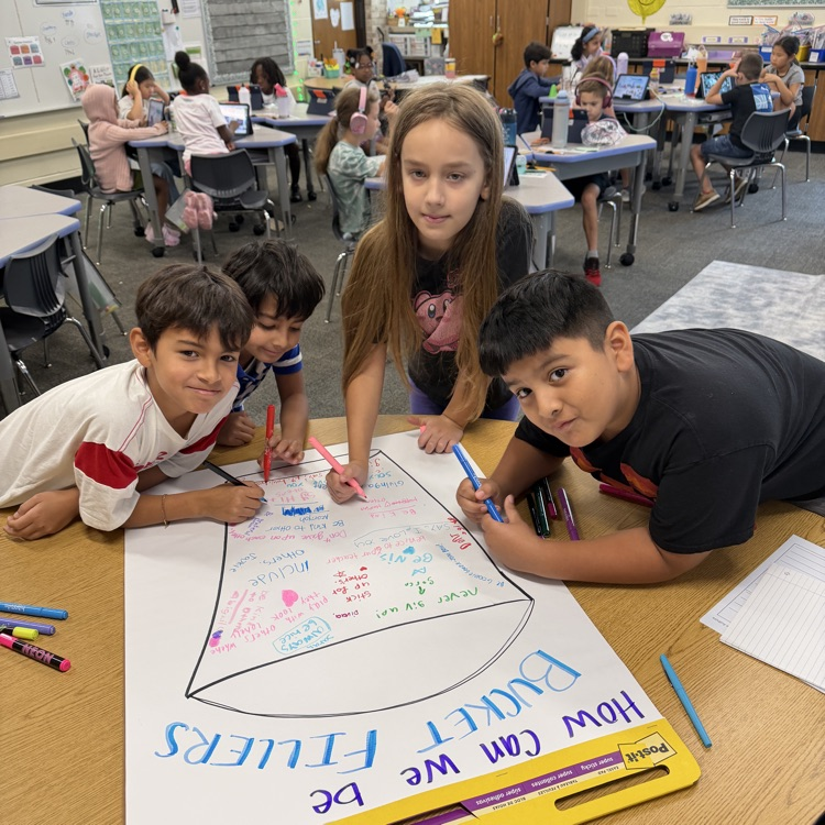 students writing on a poster