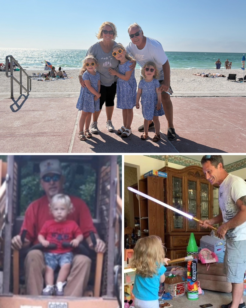 Grandparents with their grandchildren at the beach. Grandpa with his grandson on a tractor. Grandpa playing lightsabers with his granddaugher