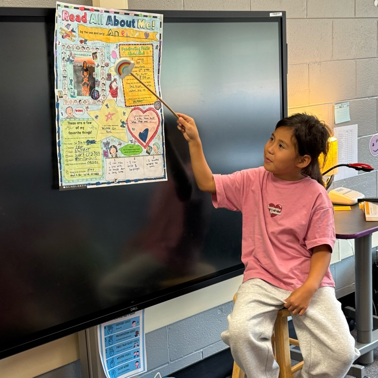 Anelia pointing to her poster 