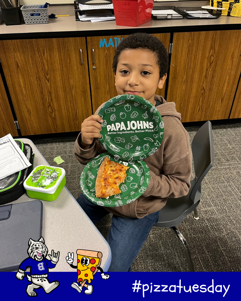 #pizzatuesday Bobby the Bobcat cartoon and pizza cartoon - student smiling with their pizza
