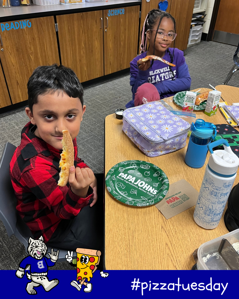 #pizzatuesday Bobby the Bobcat cartoon and pizza cartoon - students smiling with their pizza