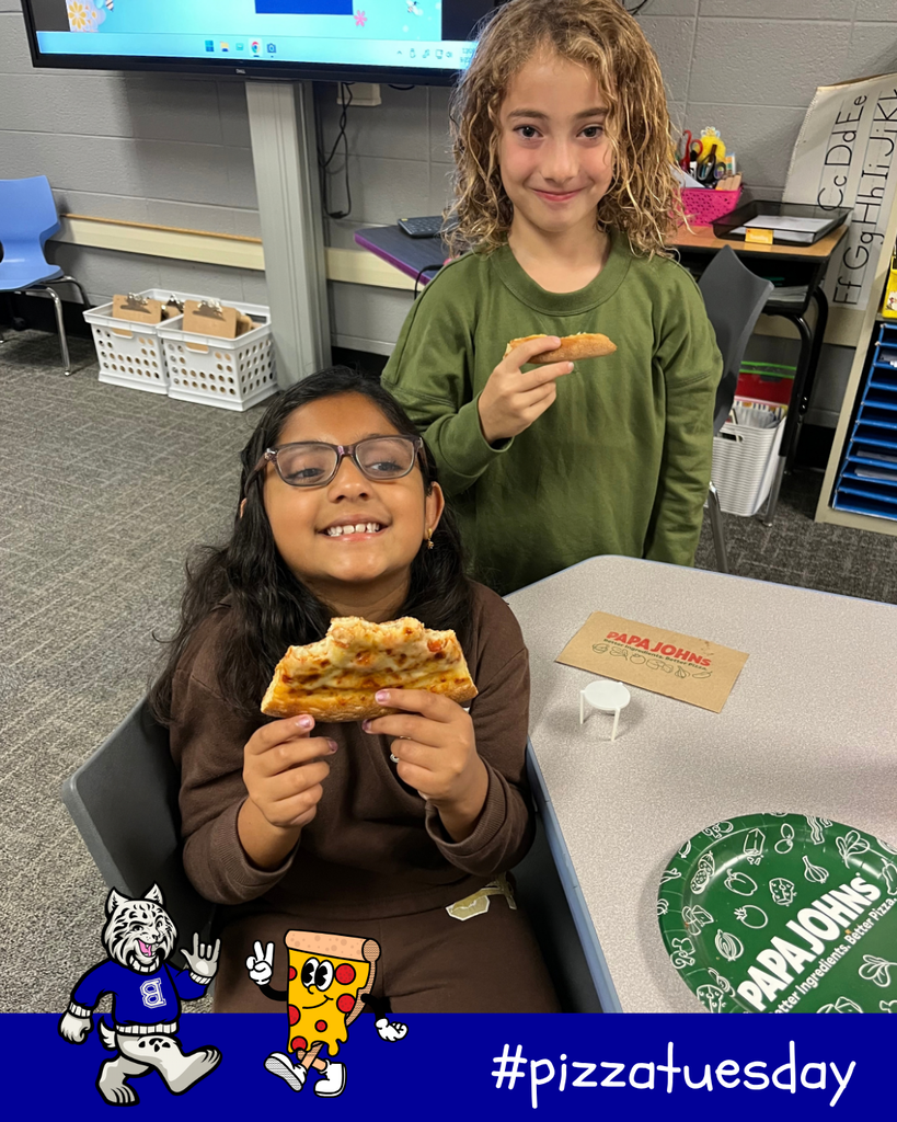 #pizzatuesday Bobby the Bobcat cartoon and pizza cartoon - two girls smiling with their pizza