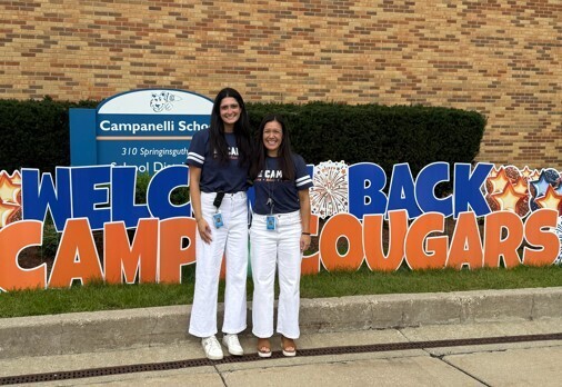 Photo of Dr. Houlihan and Ms. Moradi in front of Campanelli