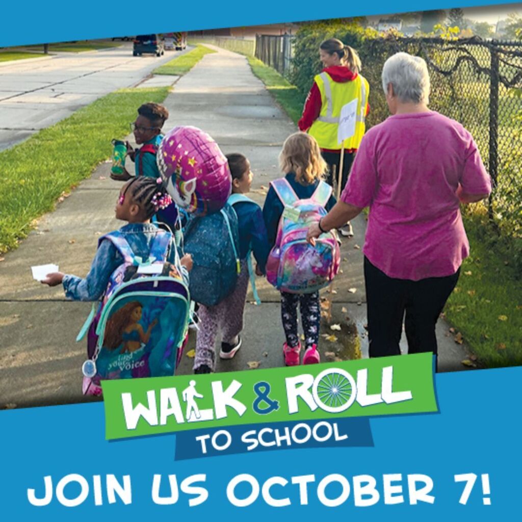 Walk & Roll to School Join Us October 7!  Image of children, a parent, and crossing guard biking to school