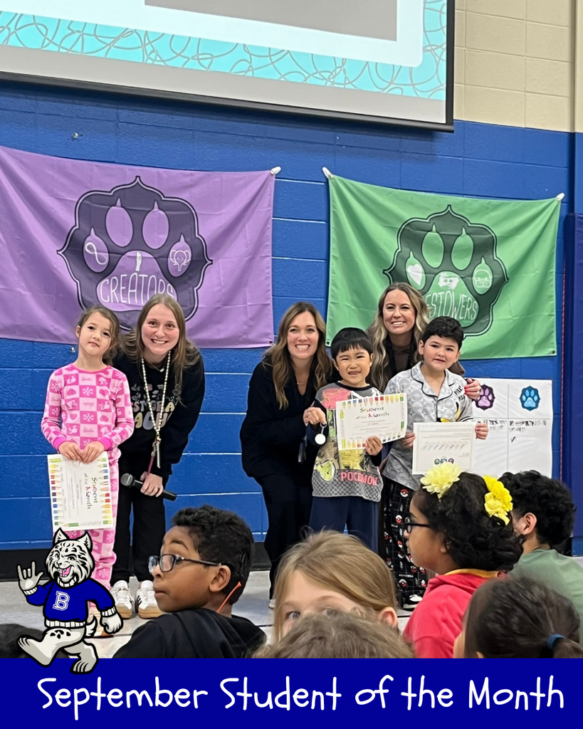 September Student of the Month. Bobby the bobcat cartoon. Students smiling with their award next to their teacher