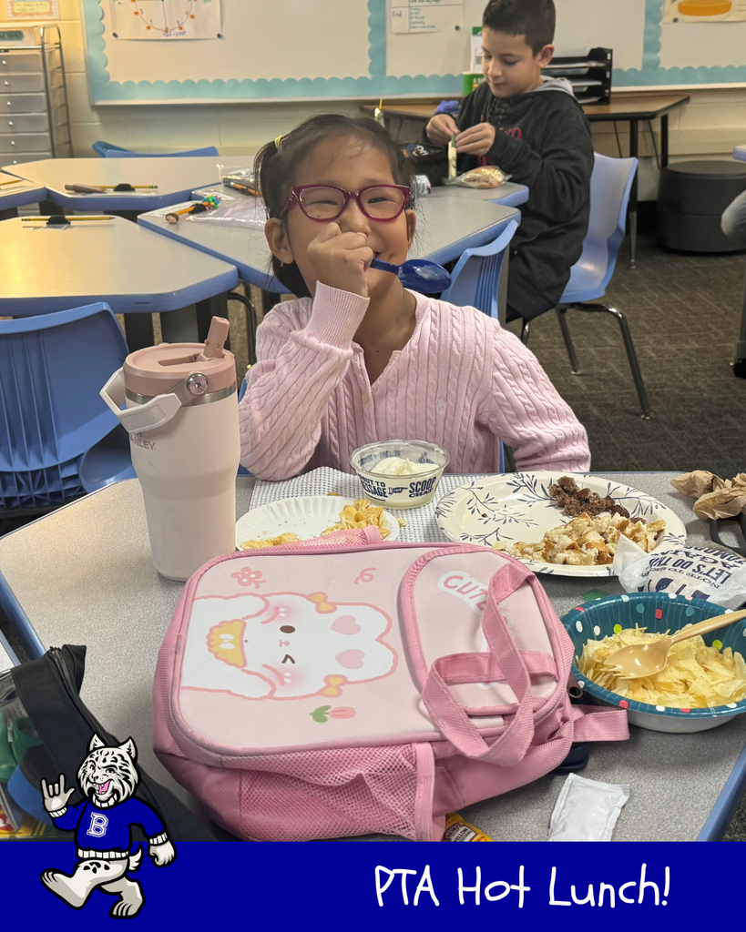 PTA Hot Lunch! Bobby the Bobcat cartoon. Student eating their hot lunch - Culver's