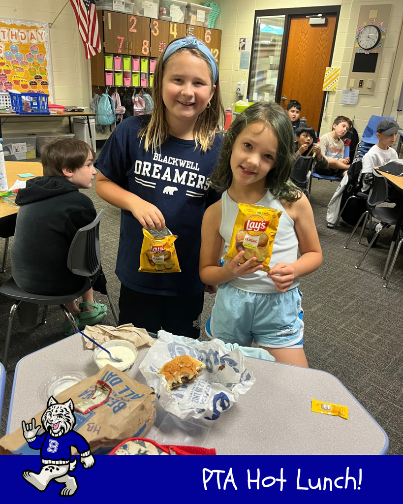 PTA Hot Lunch! Bobby the Bobcat cartoon. Student eating their hot lunch - Culver's