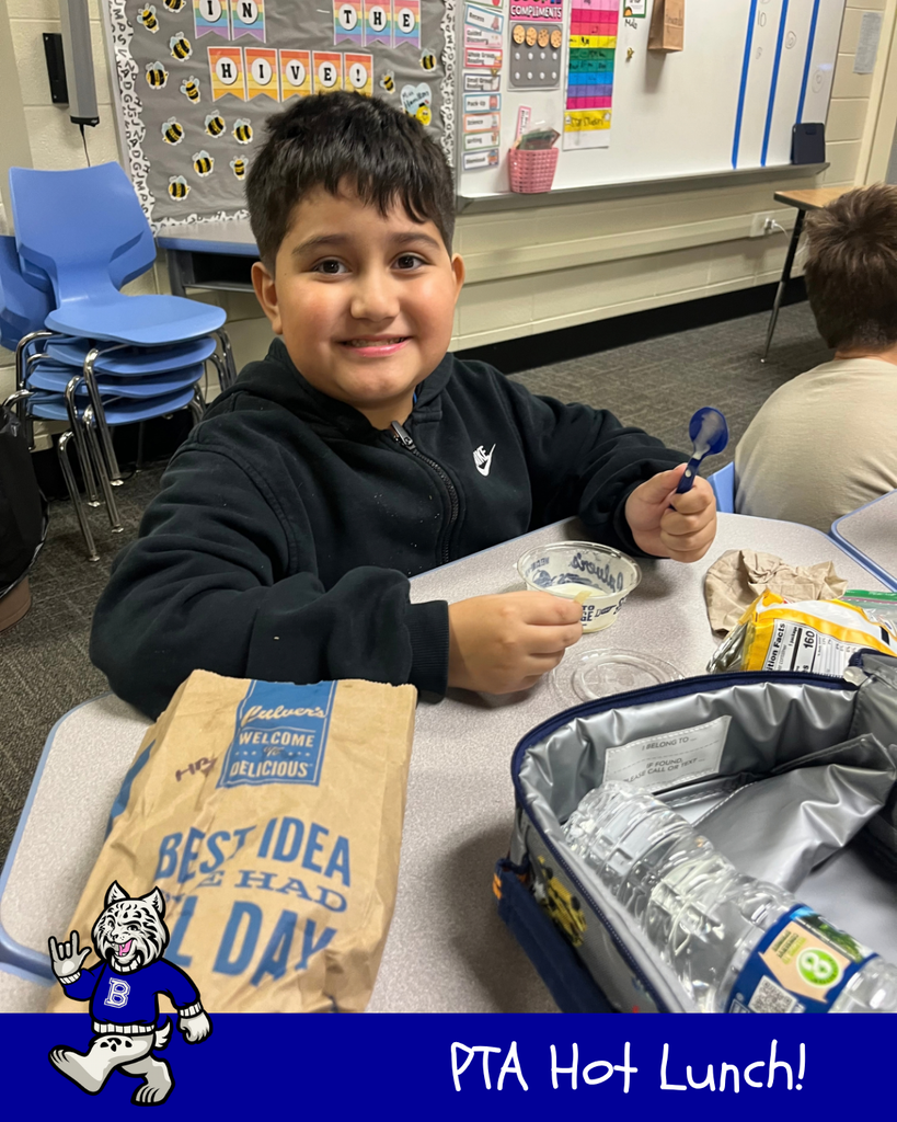 PTA Hot Lunch! Bobby the Bobcat cartoon. Student eating their hot lunch - Culver's