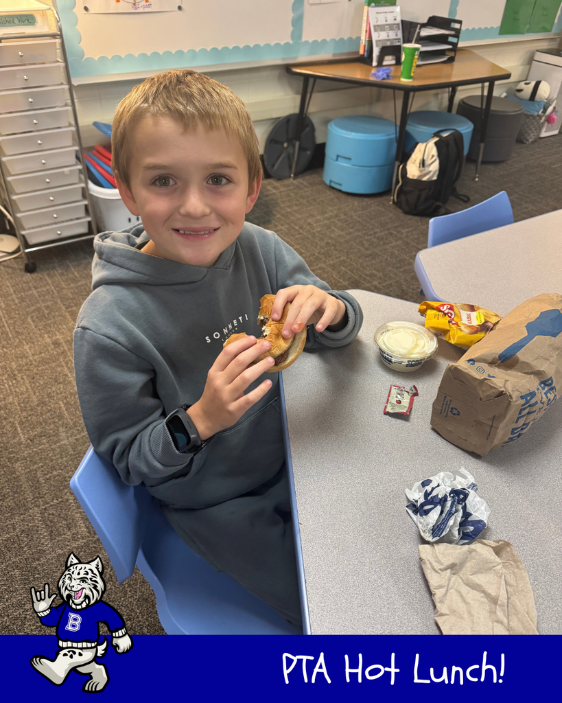 PTA Hot Lunch! Bobby the Bobcat cartoon. Student eating their hot lunch - Culver's