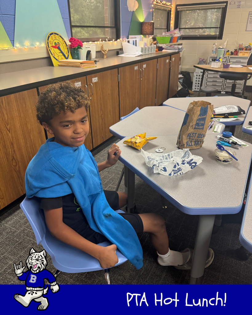 PTA Hot Lunch! Bobby the Bobcat cartoon. Student eating their hot lunch - Culver's
