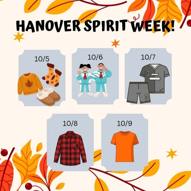 October 5 - cozy clothes. October 6 - twin day, match with friends or class. October 7 - sports team clothes. October 8 - wear flannel or plaid. October 9 - students wear orange staff wear green