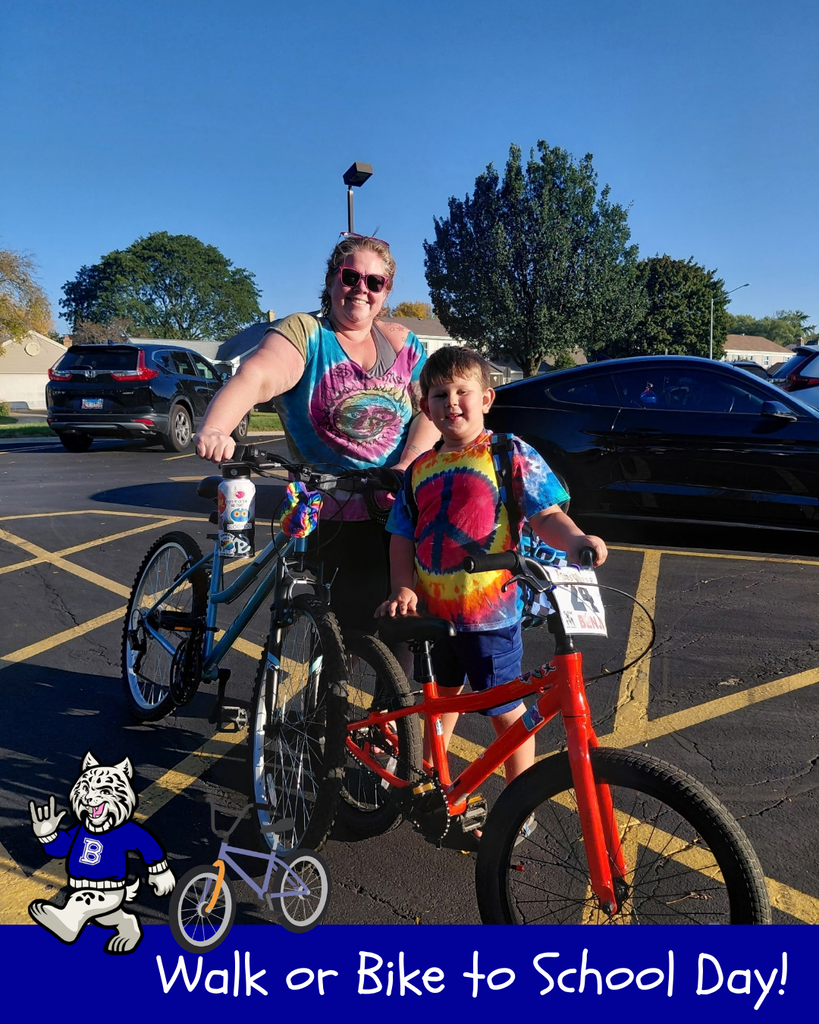 Walk or Bike to School Day! Bobby the bobcat cartoon, cartoon bike, a student and their mother with their bikes to school