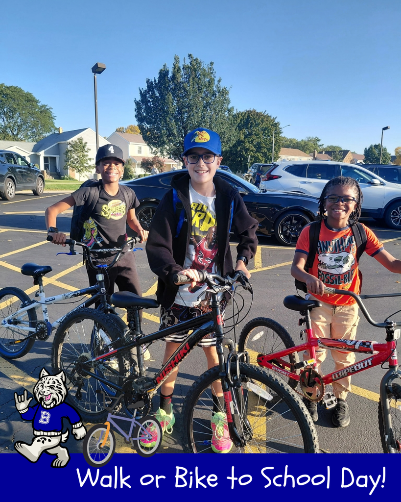 Walk or Bike to School Day! Bobby the bobcat cartoon, cartoon bike, students with their bikes to school