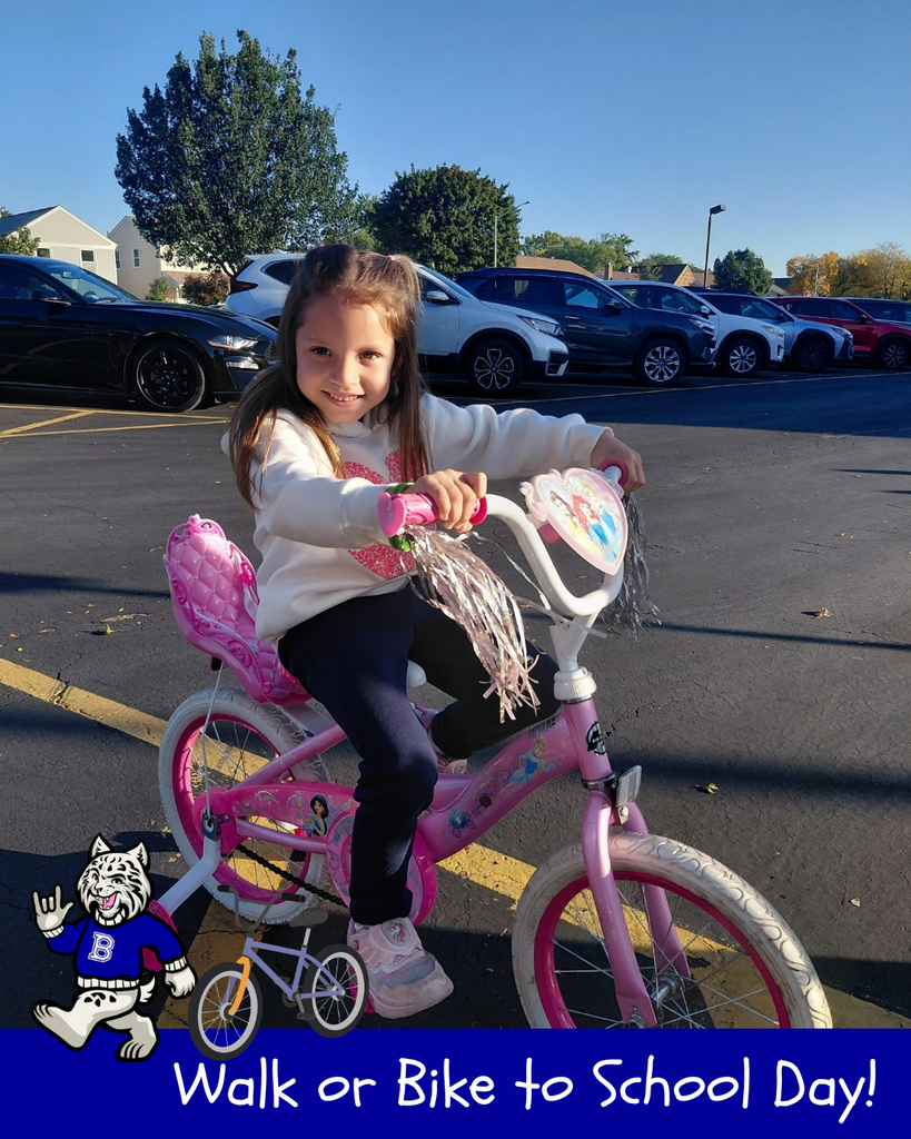 Walk or Bike to School Day! Bobby the bobcat cartoon, cartoon bike, a student with their bikes to school