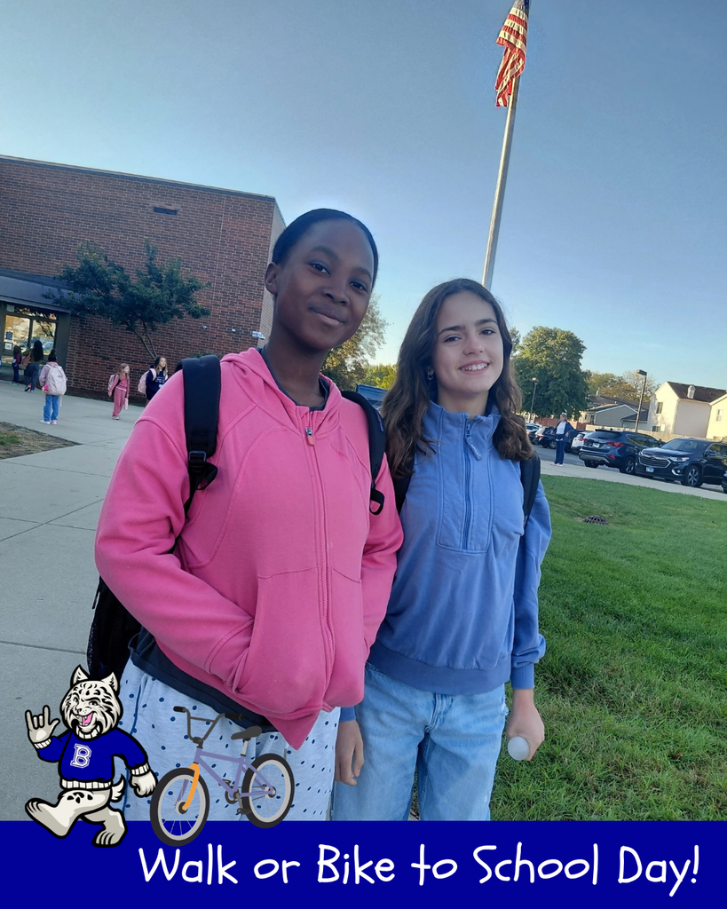 Walk or Bike to School Day! Bobby the bobcat cartoon, cartoon bike, two students walk to school