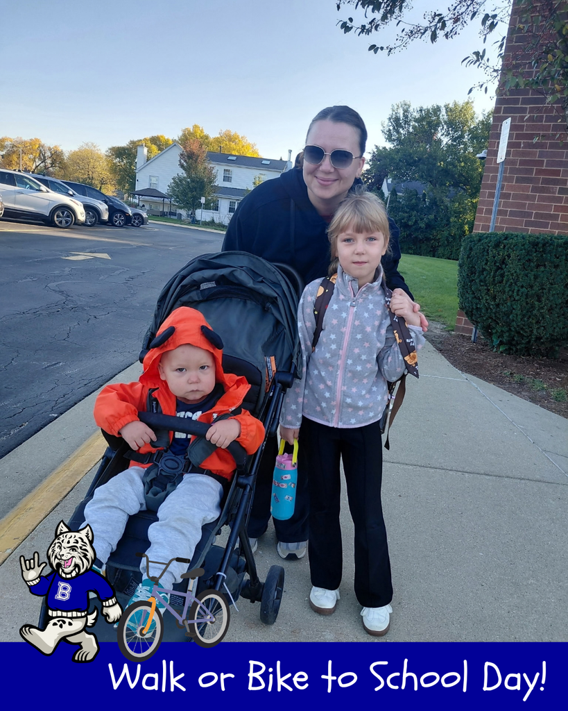 Walk or Bike to School Day! Bobby the bobcat cartoon, cartoon bike, a family walking to school