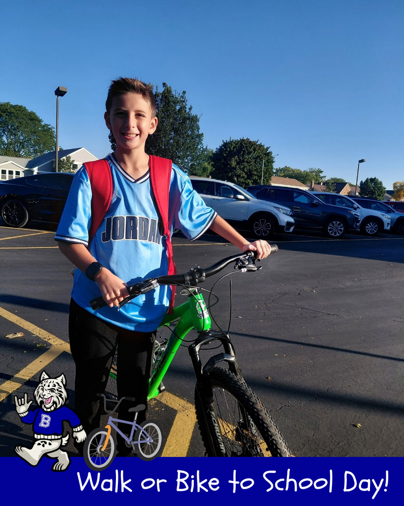 Walk or Bike to School Day! Bobby the bobcat cartoon, cartoon bike, a student with their bike to school