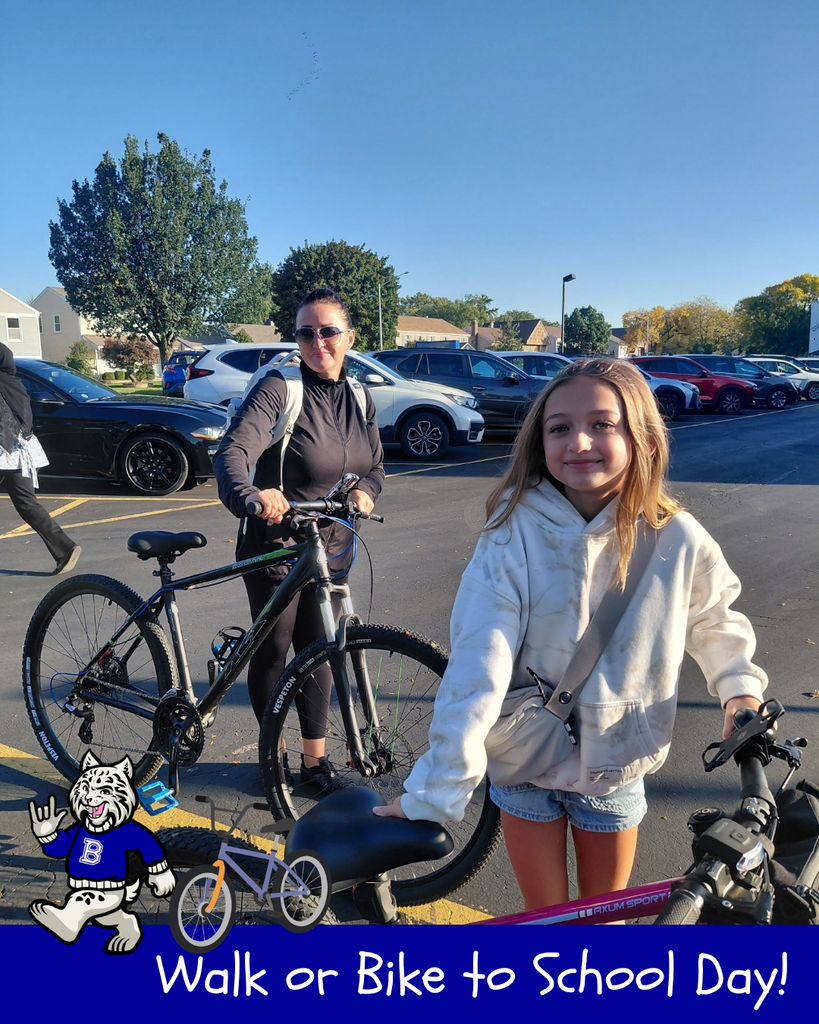 Walk or Bike to School Day! Bobby the bobcat cartoon, cartoon bike, a student and her mother with their bikes to school