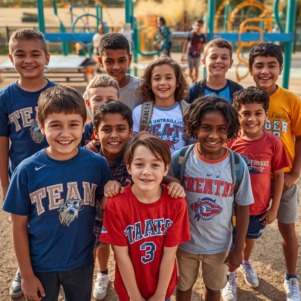 Image of students standing on a playground wearing shirts with Team or a team name