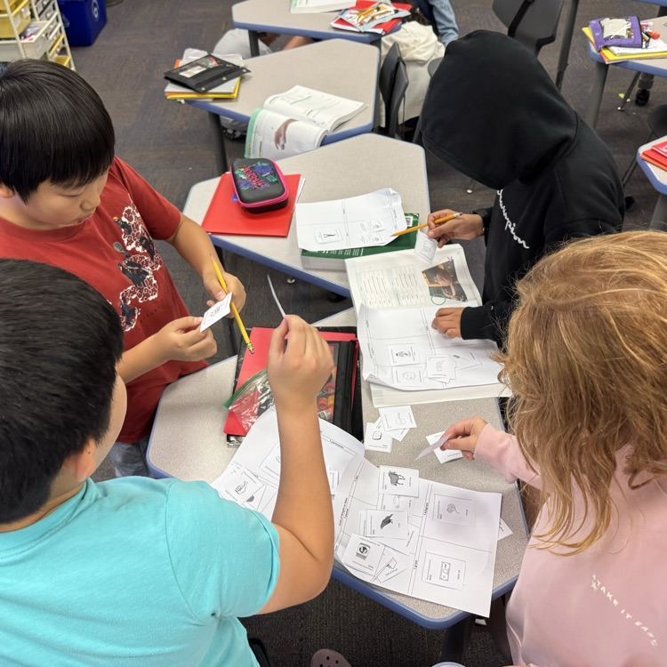 four students working to sort cards