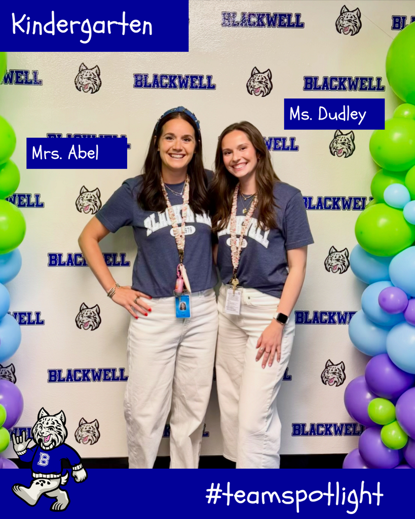 Kindergarten, #teamspotlight Bobby the bobcat cartoon. Picture of two teachers together, Mrs. Abel and Ms. Dudley