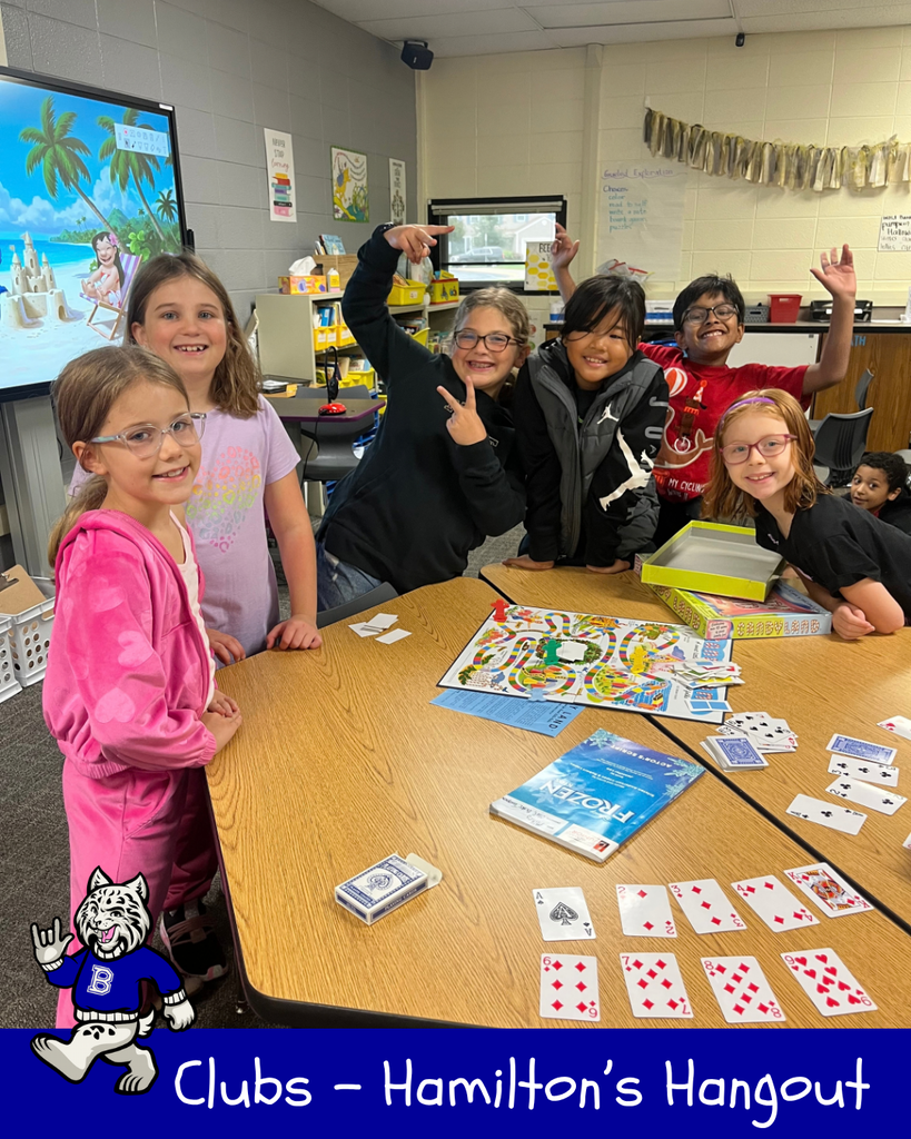 Clubs - Hamilton's Hangout. Bobby the Bobcat cartoon. Students smiling playing card and board games
