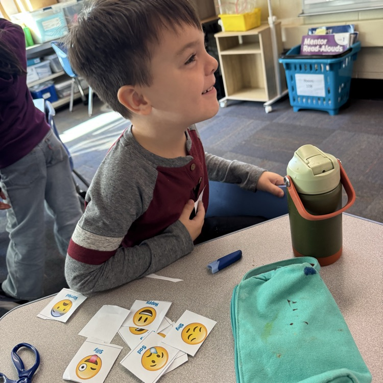 a student with emotion cards in front of him