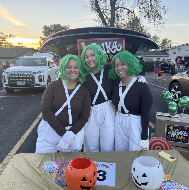 three teachers dressed as willy wanka 