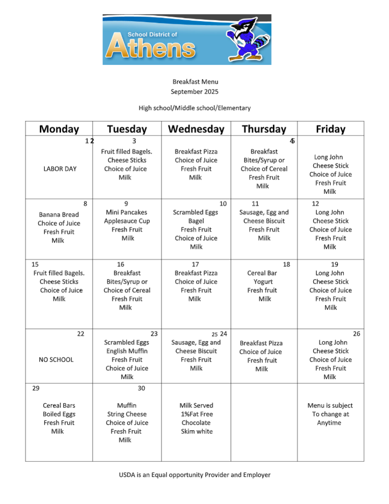 September Breakfast Menu