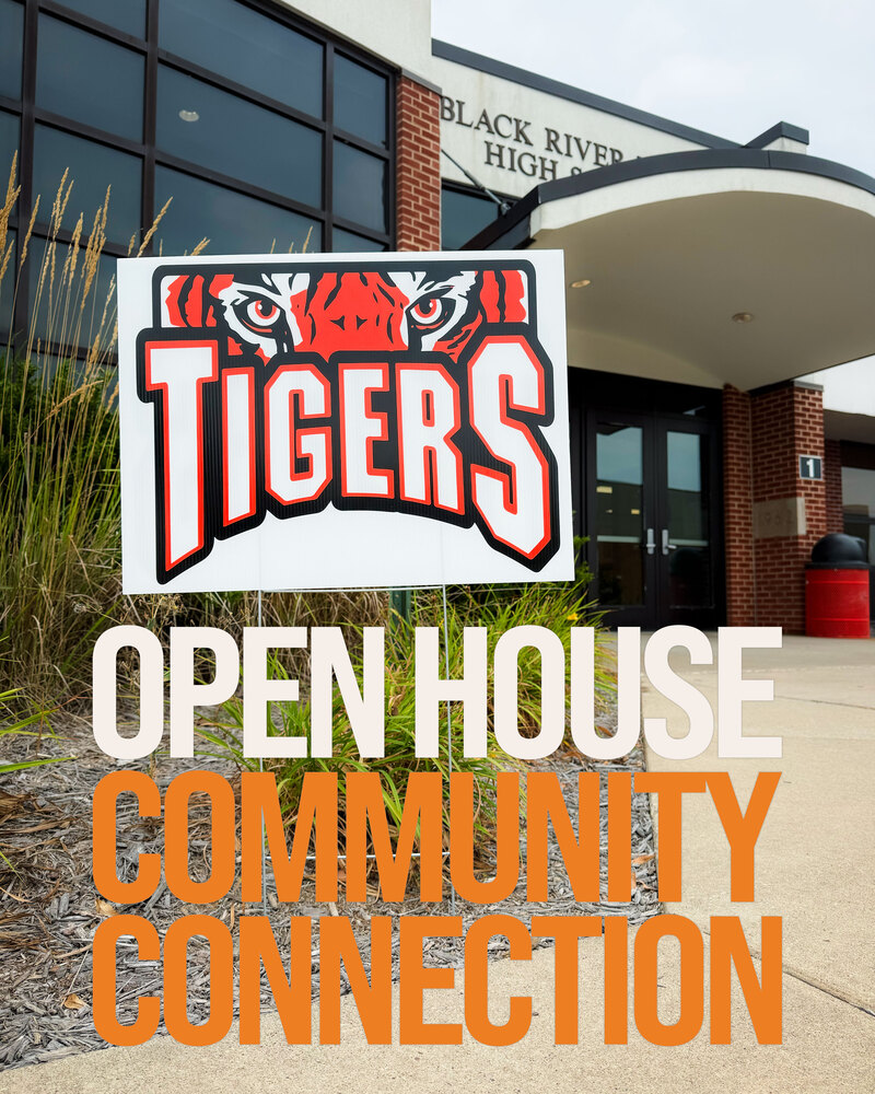 Open House Community Connect (text on image). Photo of entrance of high school.