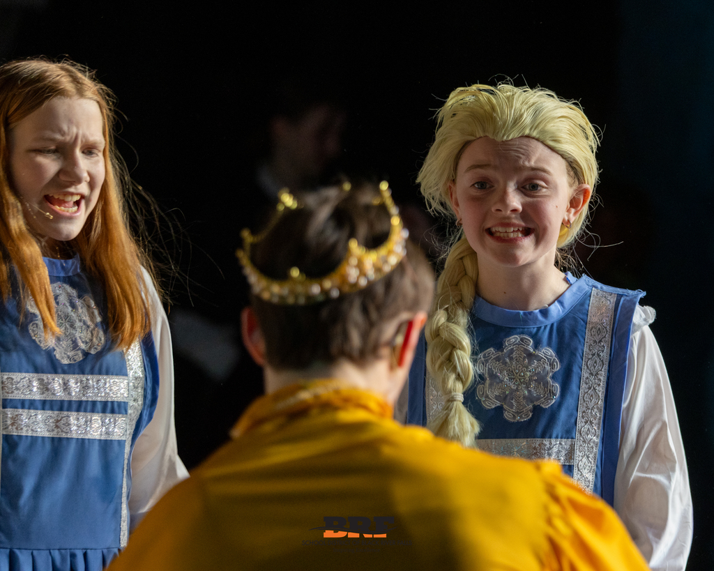 Girl with expressive face looking at boy with crown
