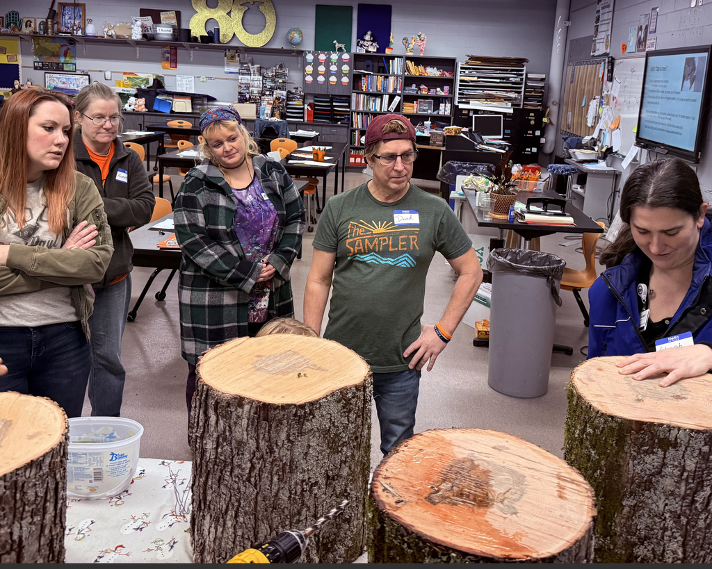 People watch woman who is standing by a log