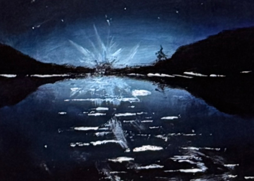 Painting of night sky with a lake