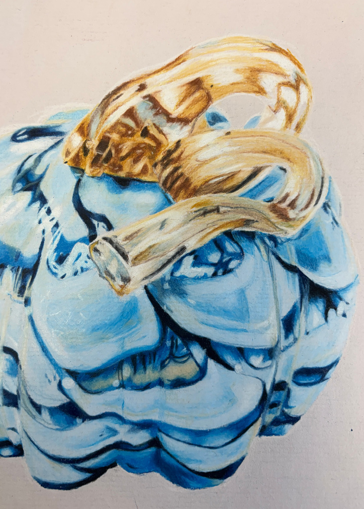 Blue and gold reflective art piece 