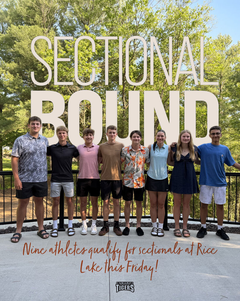 Photo of a group of students. Text on image says: Sectional Bound: Nine athletes qualify for sectionals at Rice Lake this Friday!