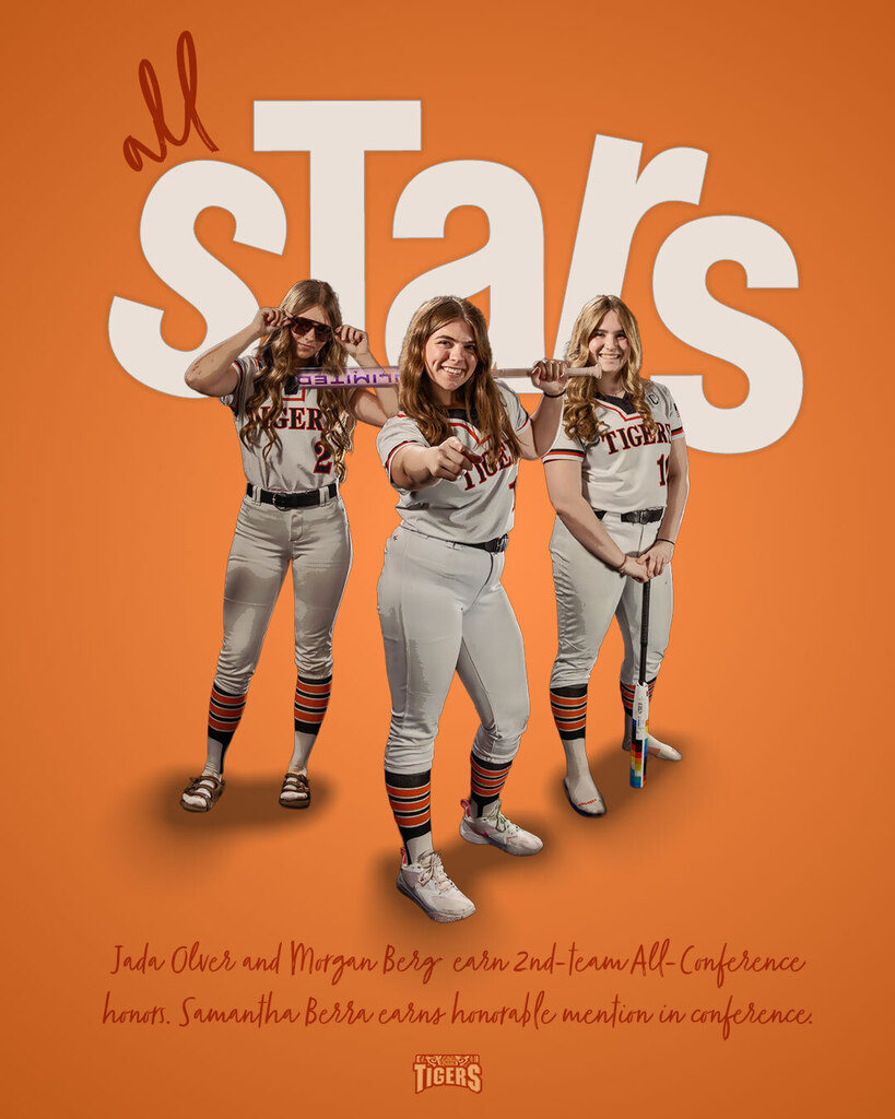 Three softball players posing. Text on image: all stars. Jada Olver and Morgan Berg  earn 2nd-team All-Conference honors. Samantha Berra earns honorable mention in conference.