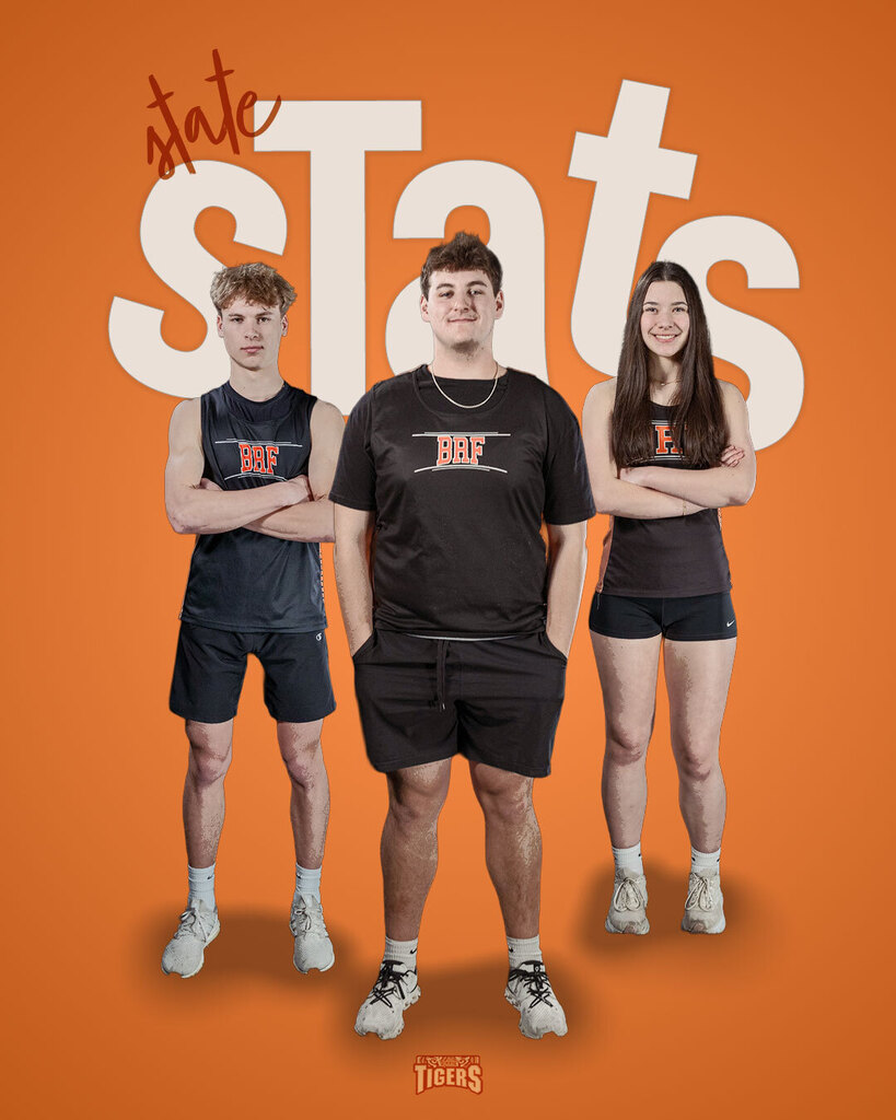 Three track athletes in uniform. Text on image says: State stats.