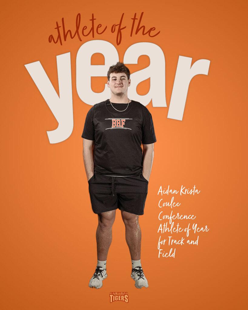 Picture of a track athlete. Text on image says: athlete of the year. Aidan Krista coulee conference athlete of the year for track and field