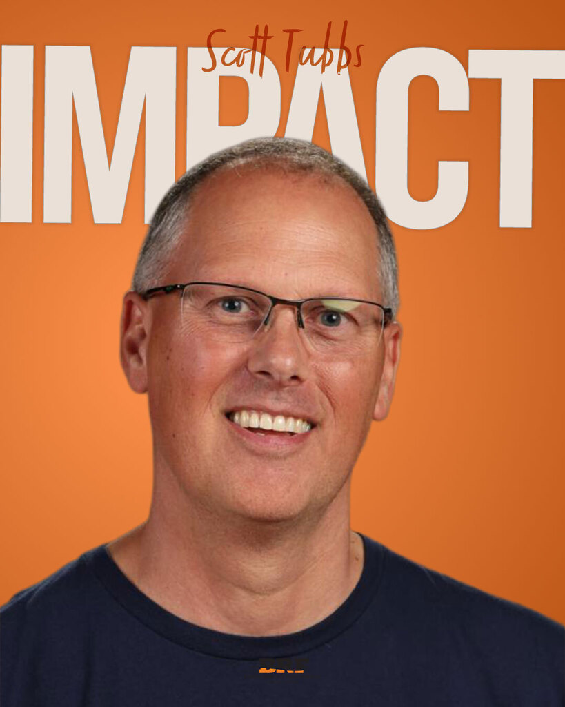Portrait of man. Text on image says "Scott Tubbs, Impact"